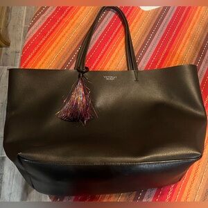 Victorias Secret Black Faux Leather Tote with Matching Sequin Zip Clutch